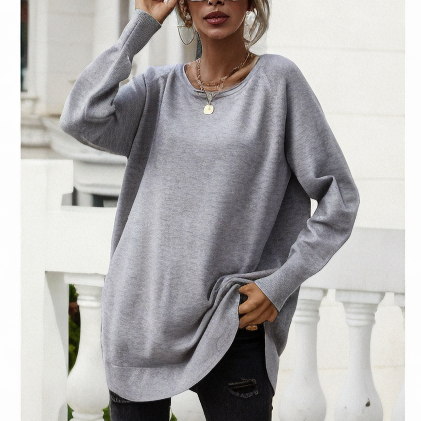 Women's off-the-shoulder solid color loose plus size line neck sweater_voghion.com