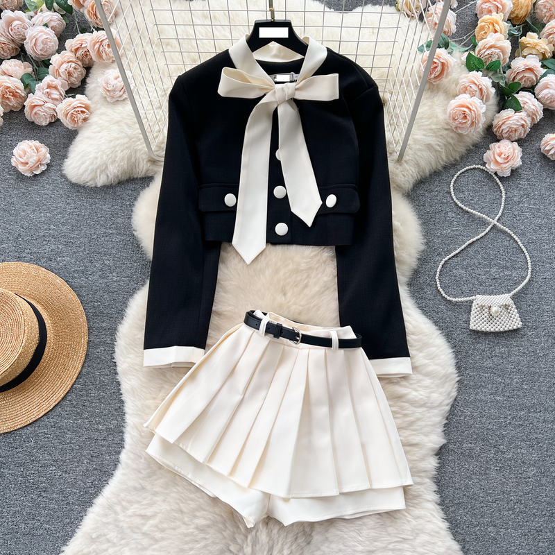 Women's Clothing Early autumn light French suit fashionable and age reducing short strap suit jacket + high waist pleated skirt pants two piece suit_voghion.com