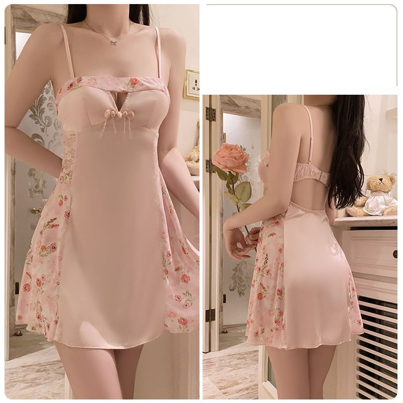 Abbigliamento da donna Guiruo Light Luxury Underwear Semplice retrò stampato raso con cuscinetto per il petto Pure Desire Style Sling Nightdress Home Set_voghion.com