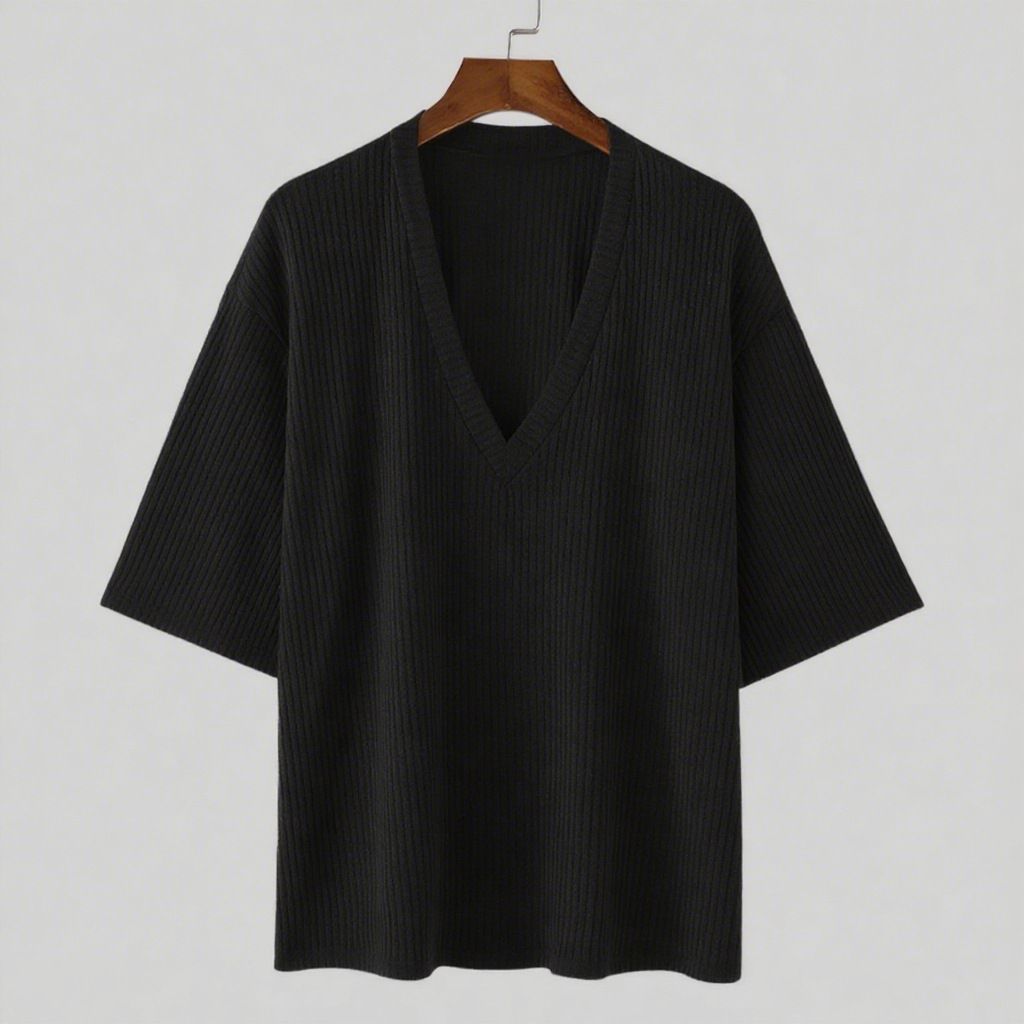 2025 Summer New Mid Sleeve Pit Striped Sweater Elastic Casual Loose V Neck T Shirt_voghion.com