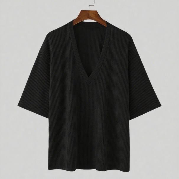 2025 Summer New Mid Sleeve Pit Striped Sweater Elastic Casual Loose V Neck T Shirt_voghion.com