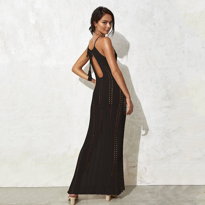 2023 New Camisole Solid Color Sleeveless Knitted Hollow Out Swimsuit Vacation Beach Long Skirt For Women_voghion.com