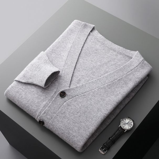 Spring and Autumn new cashmere knitted cardigan men's V-neck solid color thin youth loose wool sweater plus size jacket_voghion.com