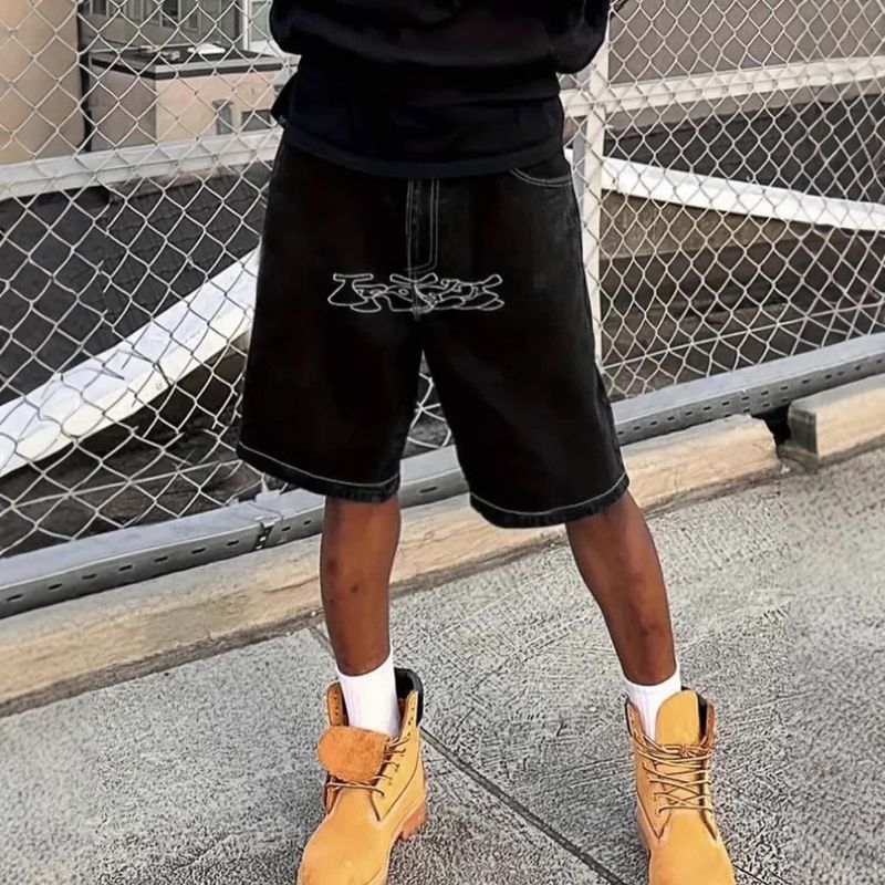 Herrenbekleidung High Street Casual Shorts Y2K Retro Hip Hop Buchstaben bestickte Jorts Denim Shorts_voghion.com