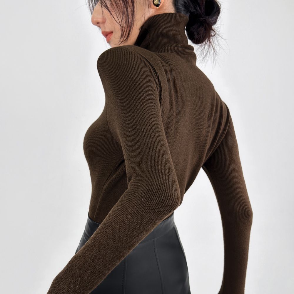Autumn and winter French grey high neck knitted sweater for women with a high-end feel, stacked collar base, long_voghion.com