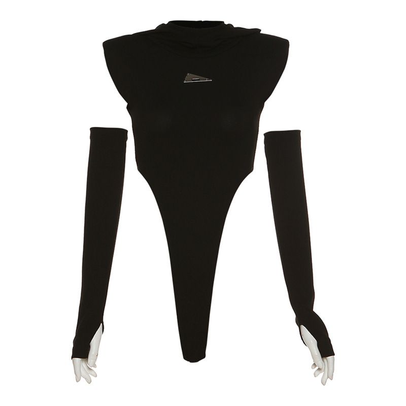 Macacão feminino de cor sólida emagrecedor moda de rua com capuz sexy sem mangas_voghion.com