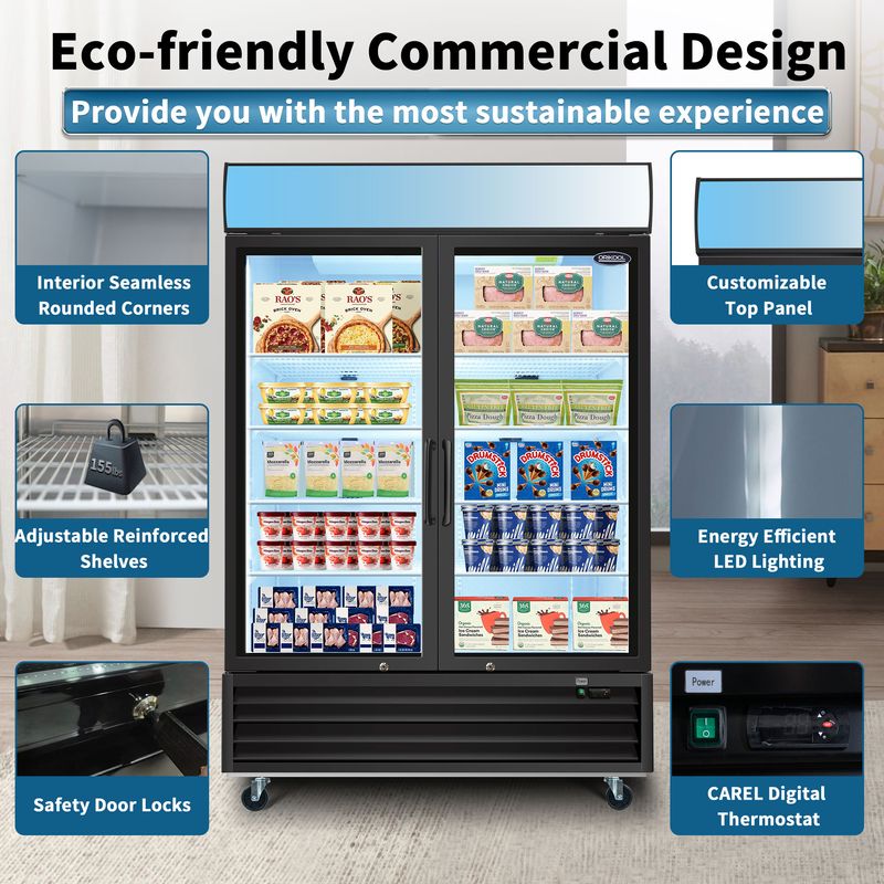 ORIKOOL Glass Door Merchandiser Freezer 44.7 Cu.ft Swing Door Commercial Reach-In Display Freezers With LED Top Panel Upright Freeze Storage_voghion.com