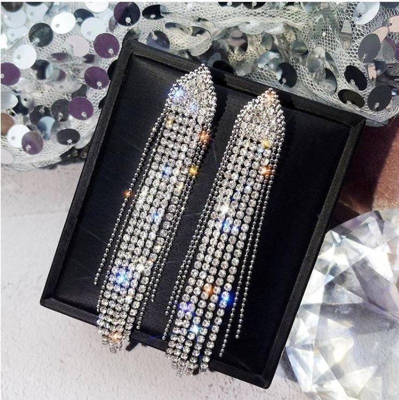 fashion long temperament tassel rhinestone earrings for women  silver needle personality exaggerated internet celebrity trend shape earrings_voghion.com