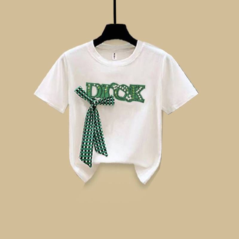 Women's Clothing new beaded bow short-sleeved T-shirt with split raw edge denim skirt_voghion.com