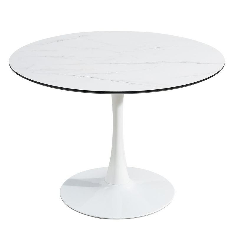 Mid-Century Tulip Dining Table – 41.7" Round White Marble Veneer Top, Sturdy Metal Base, Space-Saving Design For Kitchen & Small Spaces_voghion.com
