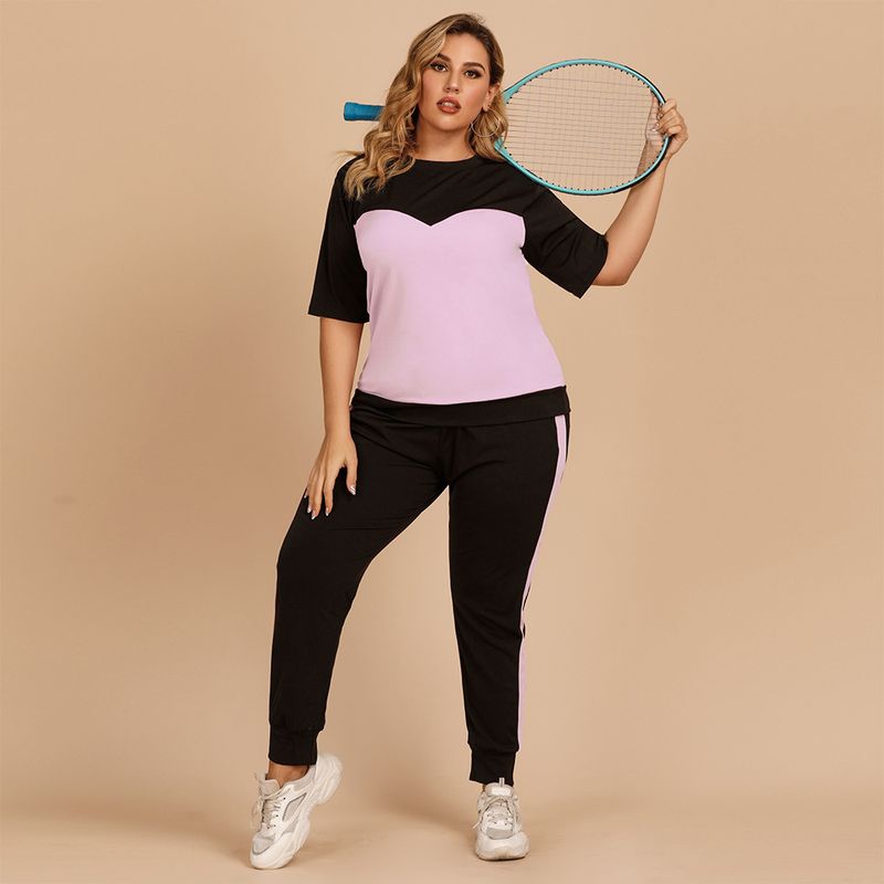 Pantaloni con elastico in vita e scollo rotondo a contrasto di colore da donna, tuta sportiva casual ampia da donna, abbigliamento estivo da donna_voghion.com