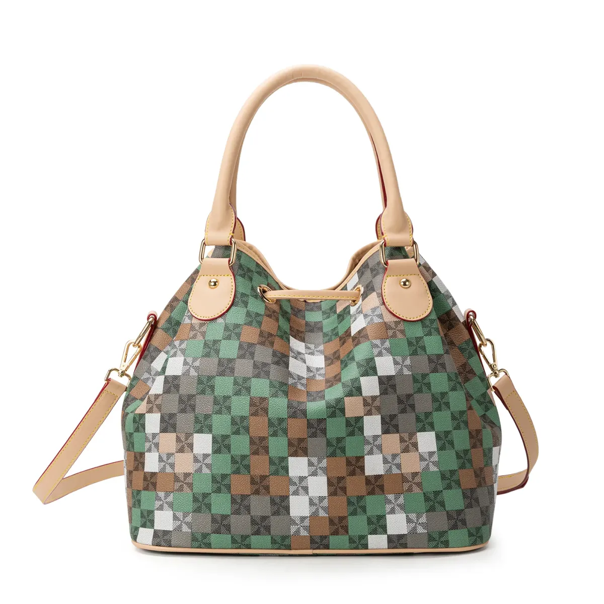 Borsa firmata con spedizione gratuita, borsa tote a quadri con chiusura a coulisse e tracolla staccabile_voghion.com