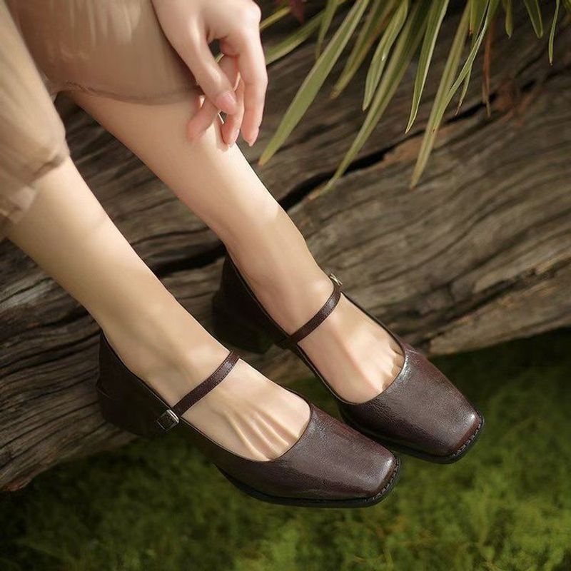 Mary Jane Women' Spring Veratile Comfortable New Hepburn Style Small Leather Black Straw Thick Heel French Single_voghion.com