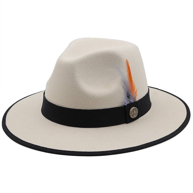 Bordered solid color feather woven belt woolen felt hat, European and American autumn and winter party fashion flat brim jazz top hat_voghion.com
