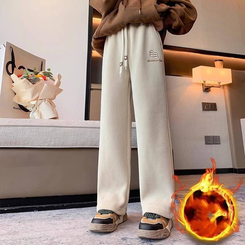 Fete mici îmbrăcăminte fete pantaloni drepți cu picior larg pantaloni sport casual dintr-o bucată plus catifea îngroșată pantaloni_voghion.com