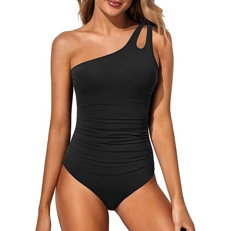 Women's One Shoulder One-piece Swimsuit Tummy Control Swimsuit Moderate Full Coverage Lock Hole Swimwear_voghion.com