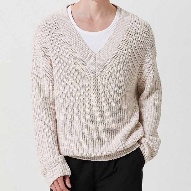 Maglione versatile retrò con scollo a V, in maglia, da uomo, autunno e inverno_voghion.com