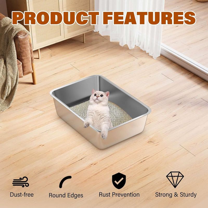 Stainless Steel Open Litter Box Extra Large Deepened Anti-Splash Cat Toilet Flat Bottom Square Basin Canteen Tray_voghion.com