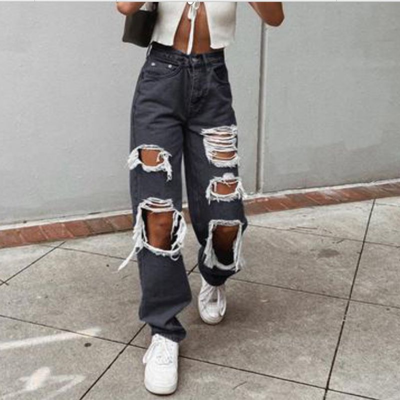 Damenbekleidung Zerrissene Jeans Gerades Bein Lockere Jeans_voghion.com