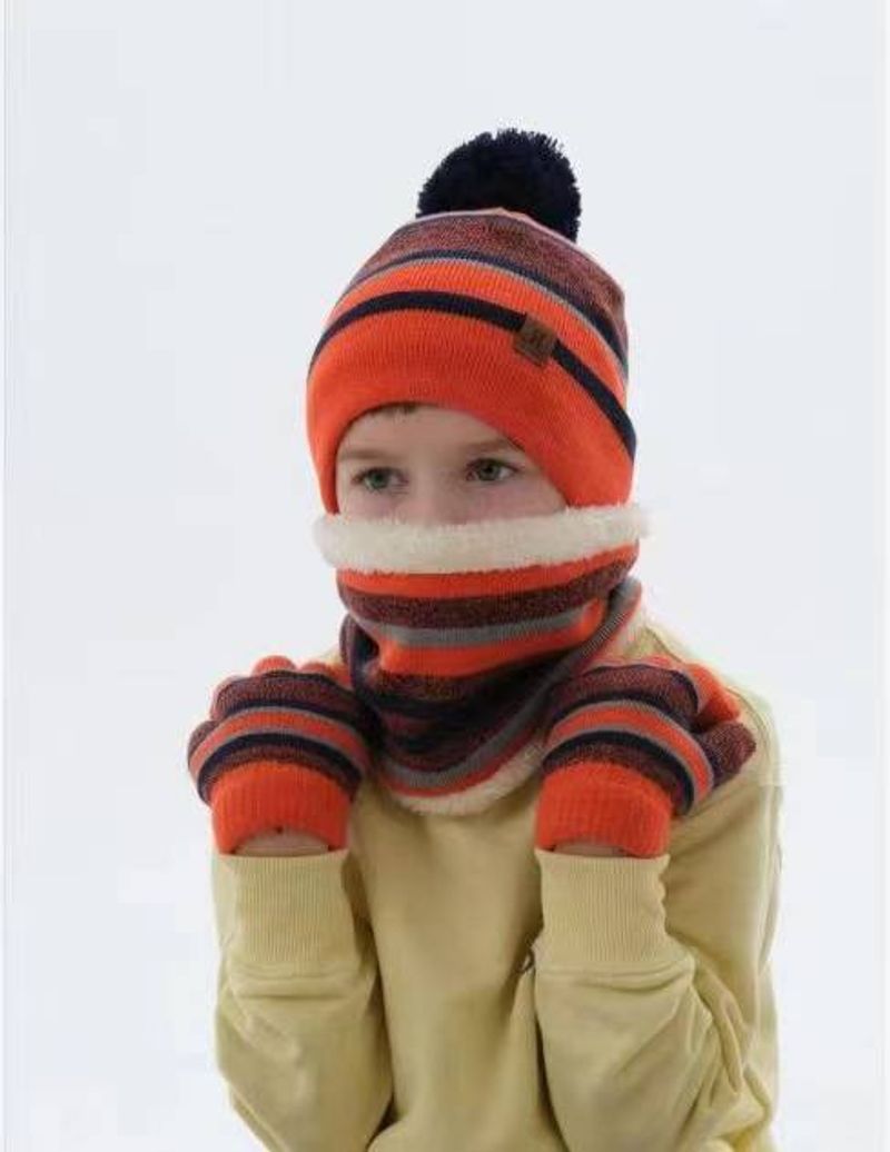 Winter children's woolen knitted hat scarf hat gloves three-piece set plus velvet thick bib gloves set hat set_voghion.com