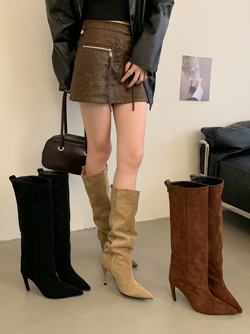 Damenschuh Mode Spitze Hohe Stiefel Einfaches Temperament All Match High Heel Stiefel Lange Stiefel Damen_voghion.com