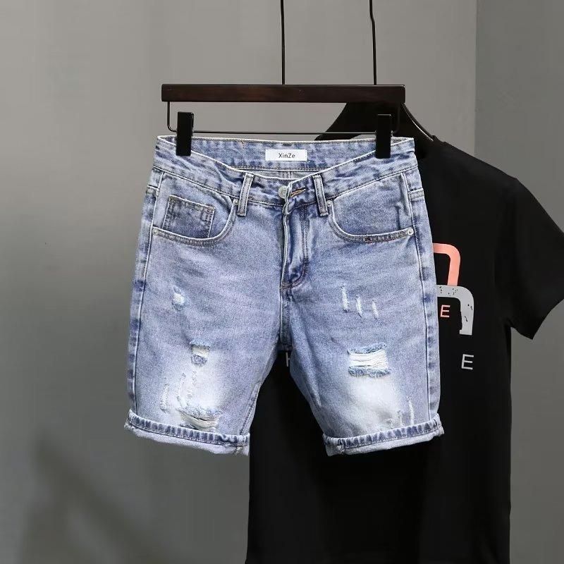 Men's Clothing Summer Light Blue Ripped Denim Shorts Men's Trendy Brand Ripped Pockets Slim Straight Beggar Five Point Pants_voghion.com