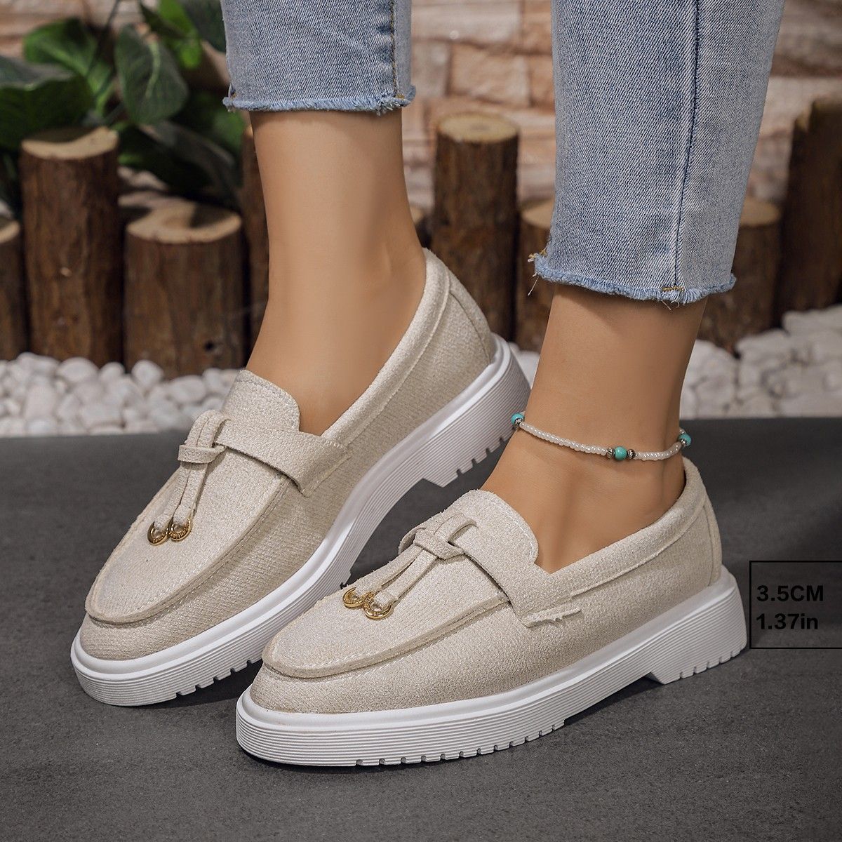 Round Toe Thick Sole Solid Color Casual Shoes Tassel New Style Shallow Mouth Elegant European And American Slip-On_voghion.com