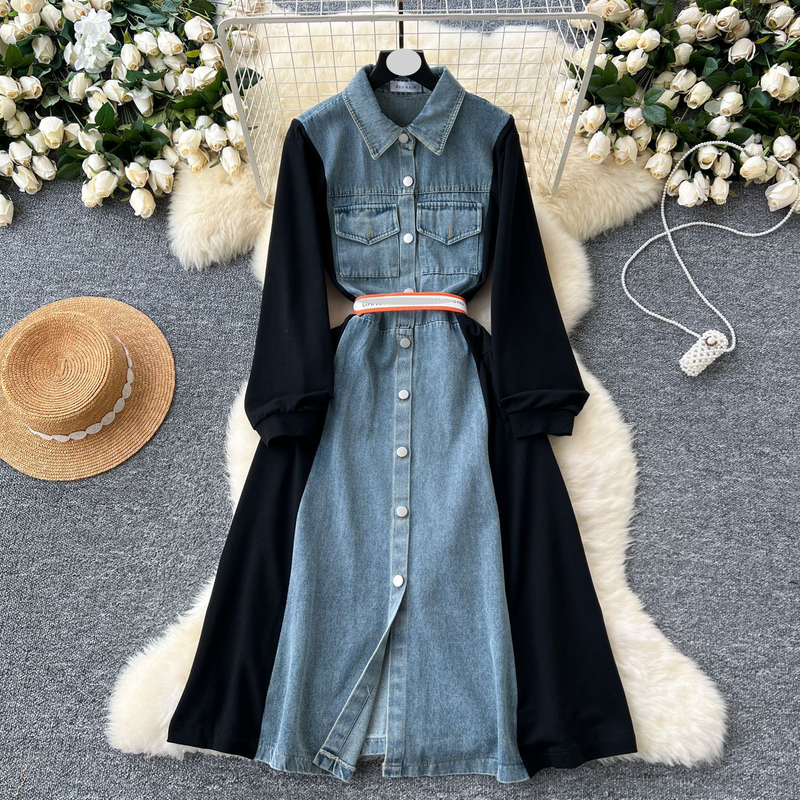 Women's Clothing design contrast color denim dress for women autumn new style lace waist temperament splicing shirt mid length skirt_voghion.com
