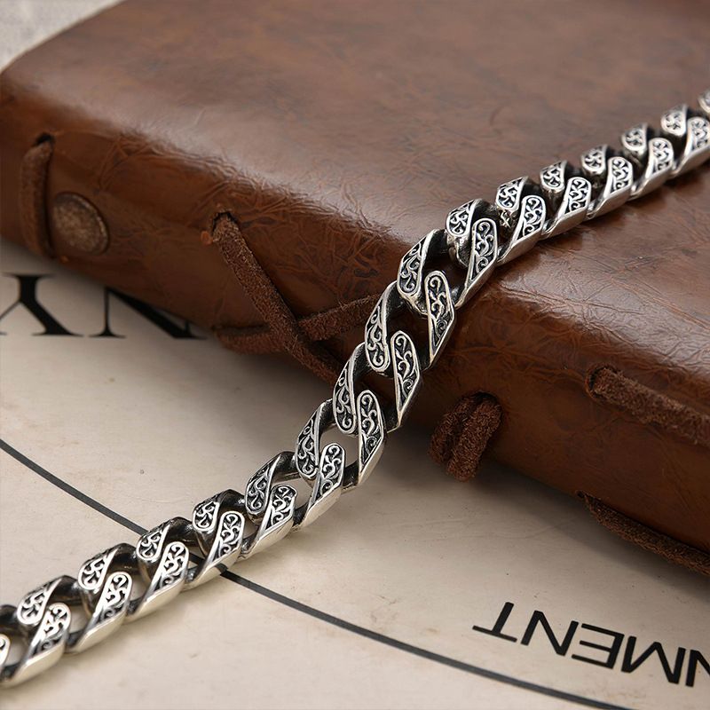 Bracciale da uomo in argento sterling cubano, regalo di compleanno, fatto a mano, leggero, di lusso, con motivo a erba Tang._voghion.com