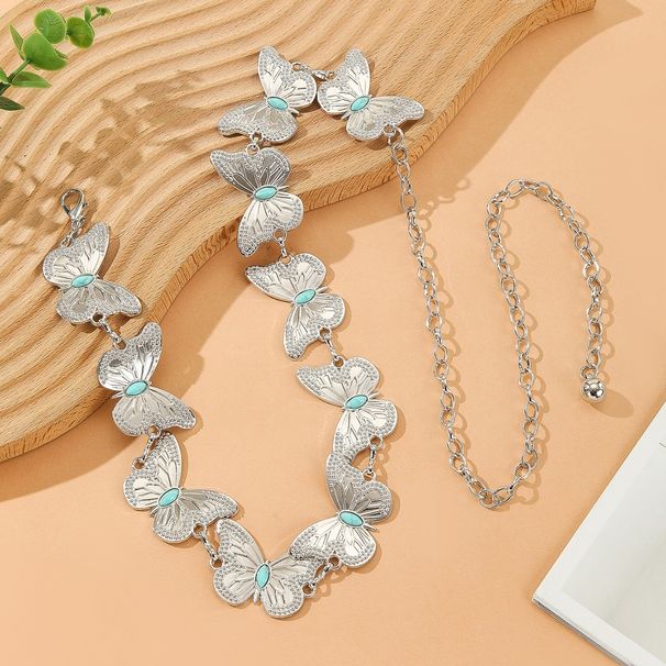 Türkisfarbener Schmetterlingsgürtel für Damen, vielseitig kombinierbar mit Kleidern und Mänteln, taillierter Metallkettengürtel, modisches Taillenaccessoire_voghion.com