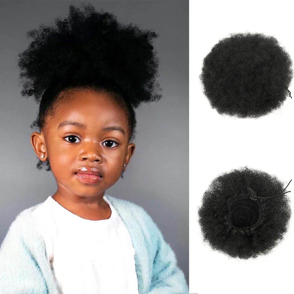 Krátký afro puff drdol z lidských vlasů, příčesek pro ženy a děti, paruka_voghion.com