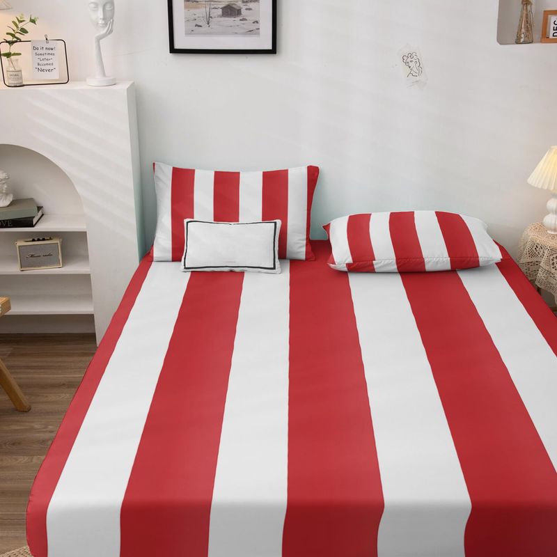 Simple Striped Pattern Printed Fitted Sheet Dust Proof Skin Friendly Bed Fitted Sheet Mattress Protector Fitted Sheet Three Piece Set_voghion.com