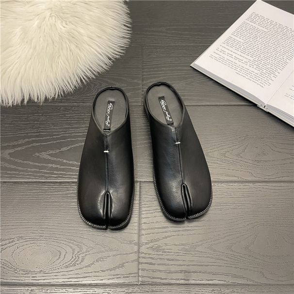 2025 Same British Style Split Toe Leather Shoes Women's Closed-Toe Pig Hoof Slip-On Chunky Heel Mules_voghion.com