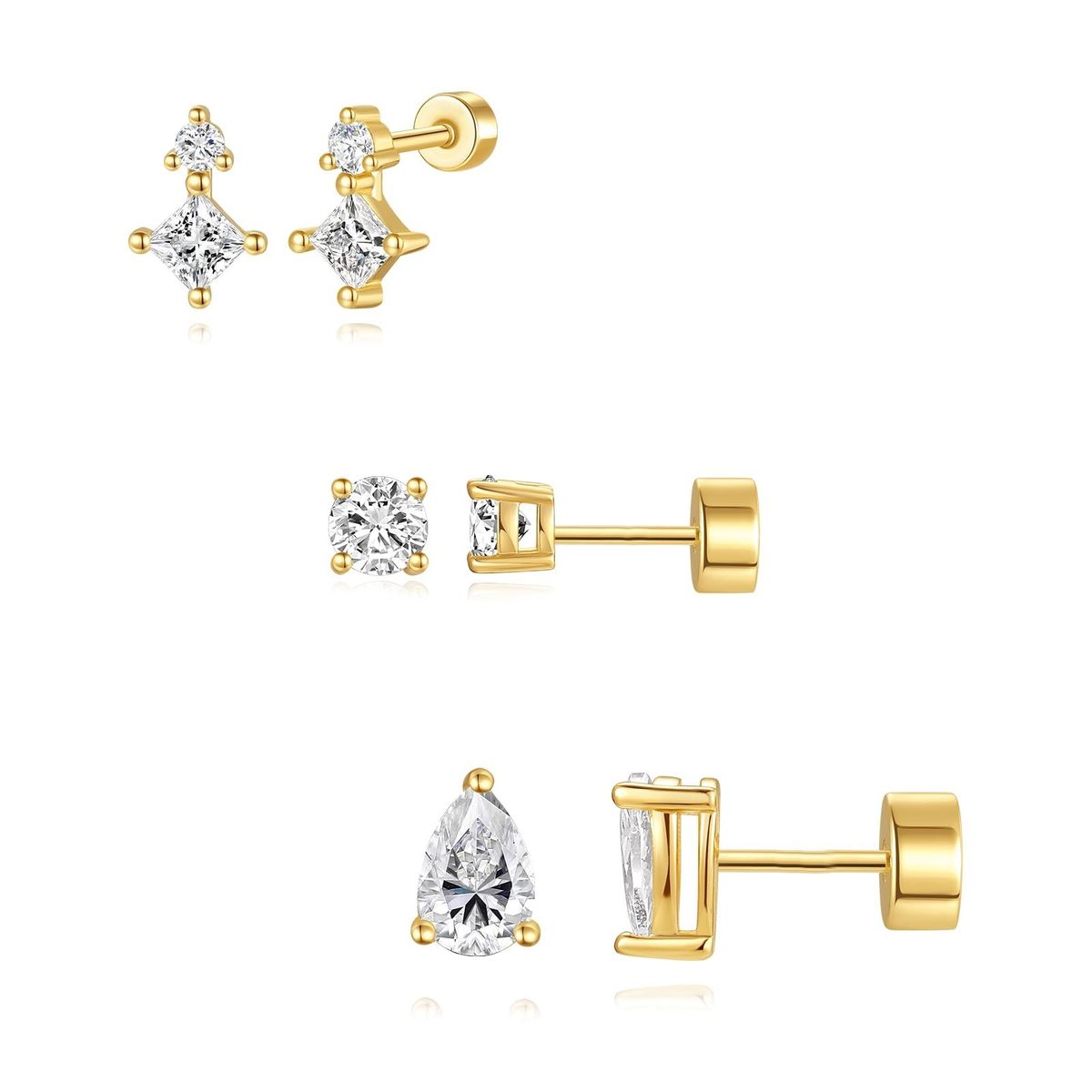 Orecchini a tre petali in ottone dorato, placcati in oro vero, alla moda e squisiti, con zirconi intarsiati, set di temperamento._voghion.com