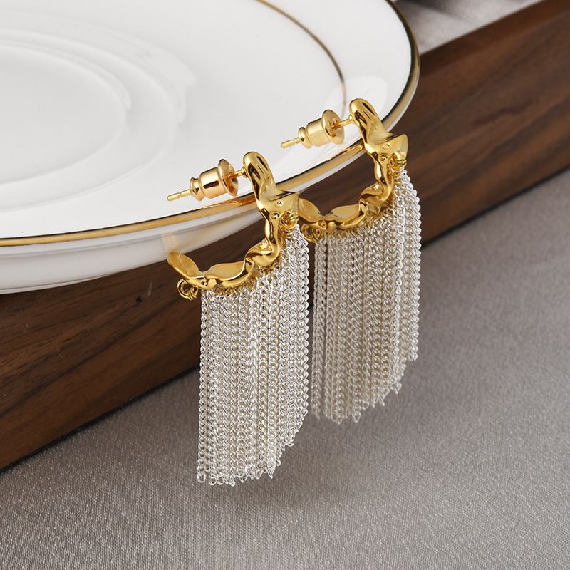 Ins Cold Style Metal Geometric Chain Tassel Niche Design Sense Color-Blocking Temperament Earrings_voghion.com