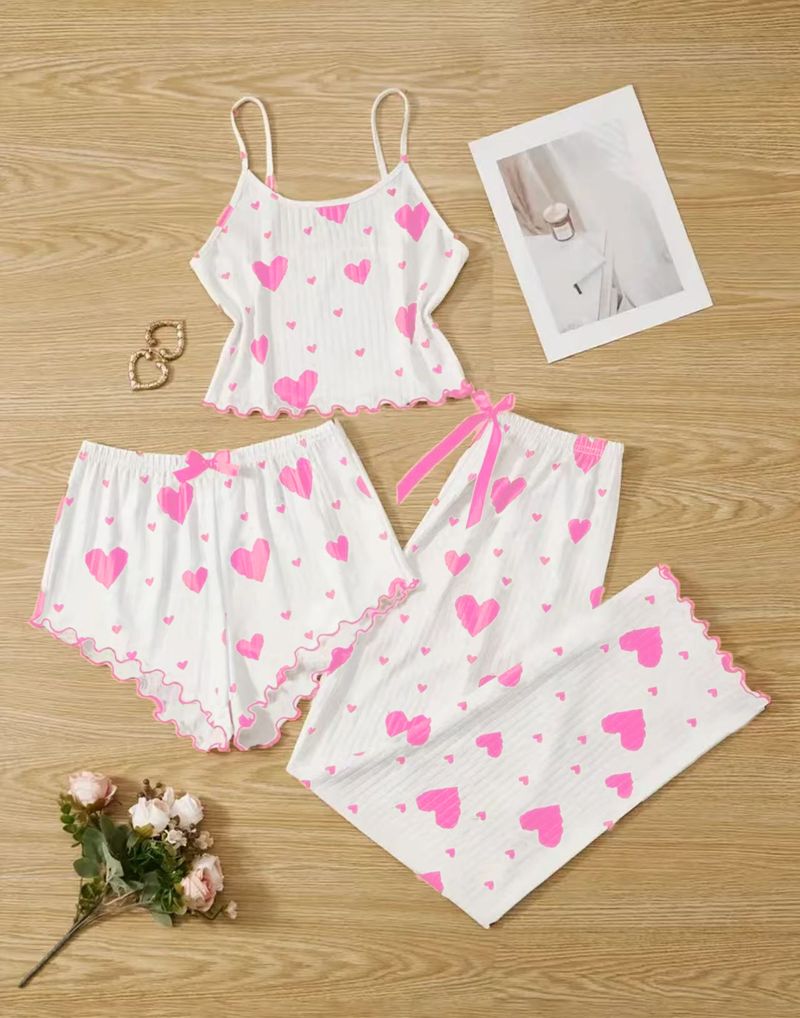Women's Summer Pajamas Set, Love-printed Sweet Suspender Shorts And Trousers Three-piece Set, Comfortable Loungewear_voghion.com