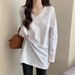 T-shirt mi-long chaud Derong blanc pour femme, col en V, manches longues, doublure polaire, automne et hiver, grande taille_voghion.com
