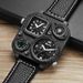 Men's Stylish Quartz Watch With Compass & Dual Time Zone - Large Square Dial Leather Strap Watch - Mineral Crystal Black Dial & Strap_voghion.com