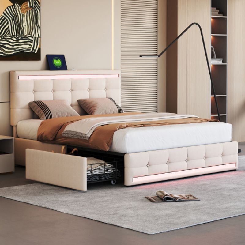 Polsterbett 140 * 200 LED-Polsterbett Mit 4 Schubladen Und 2 USB-Ladestationen, Bettrahmen Mit LED-Kopfteil-Fußteil, Gepolstertes Plattformbett Mit Stauraum, Leinenstoff Beige_voghion.com