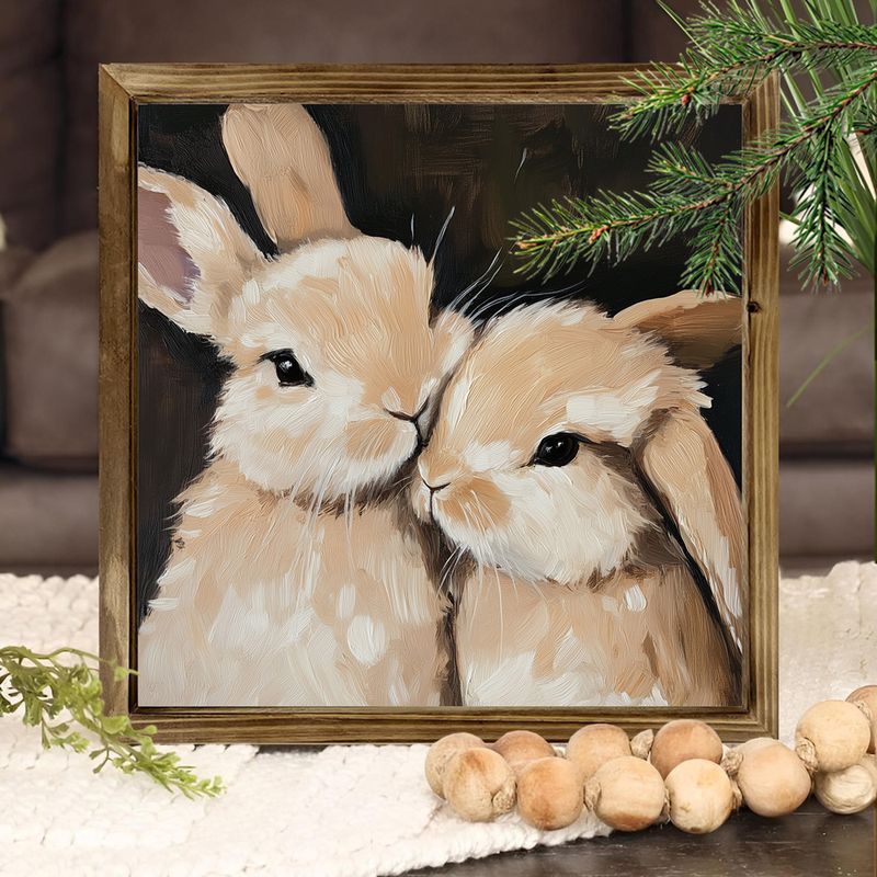 Rustic Wooden Bunny & Rabbit Friends Wall Art - 1pc, 8x8 Inch, Polished Finish, Ideal For Nursery & Home Decor_voghion.com