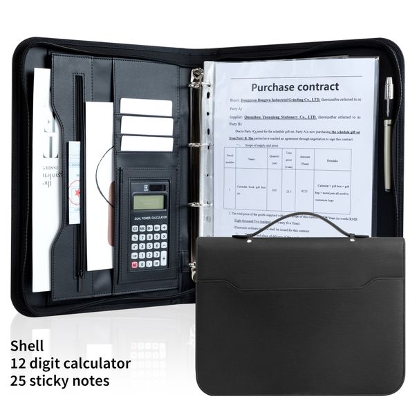 A4-Business-Ordner aus Leder mit Taschenrechner-Ordner, Vierloch-Ordner, tragbarer Multifunktions-Manager-Ordner mit Reißverschluss_voghion.com