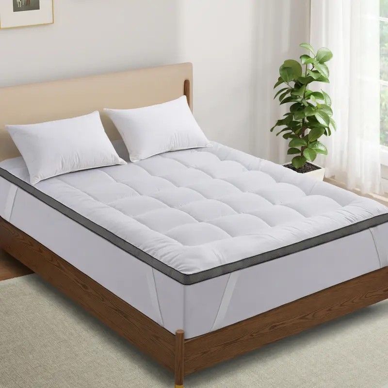 Surmatelas en maille 3D 900 g/m² – Ultra-moelleux et respirant pour la maison, les dortoirs et les hôtels (198 x 203 cm / 152 x 203 cm, blanc/gris)_voghion.com
