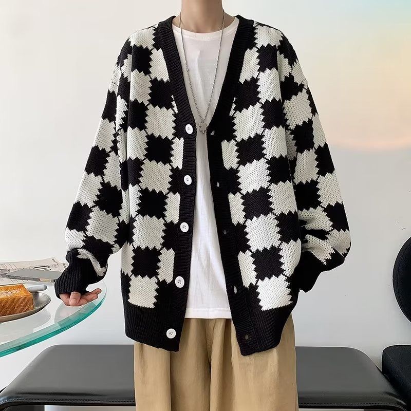 Cardigan oversize a quadri da uomo | Maglione in stile retrò (M-XXL, nero)_voghion.com