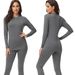 Women's Thermal Underwear Set - Soft Fleece-Lined Winter Base Layer, Round Neck Long Sleeve Top & Pants, Stretchy & Warm (Black/Gray)_voghion.com
