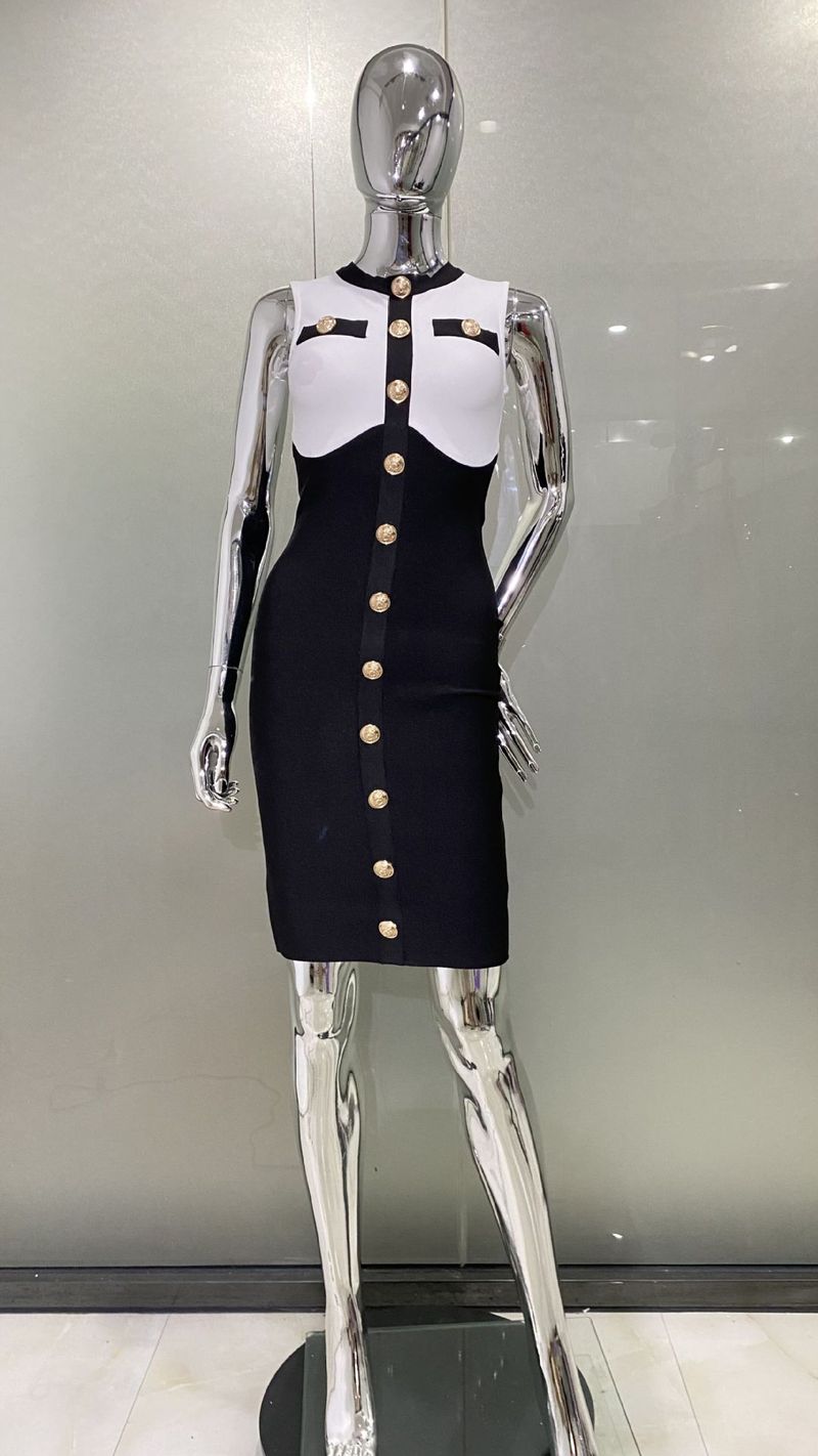 Damenbekleidung Mode schwarz-weiße farbecht passende Bandage Anzug Metallknopf Strickjacke Jacke + ärmelloses Kleid_voghion.com