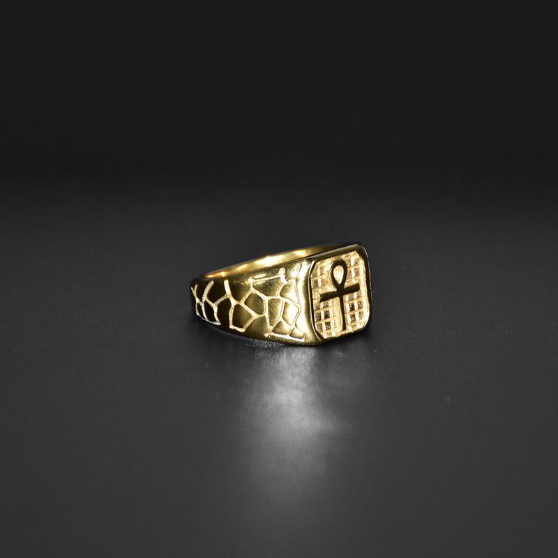 Statement Rings 316 roostevabast terasest kullatud Ankh poleeritud triibuline sõrmus_voghion.com