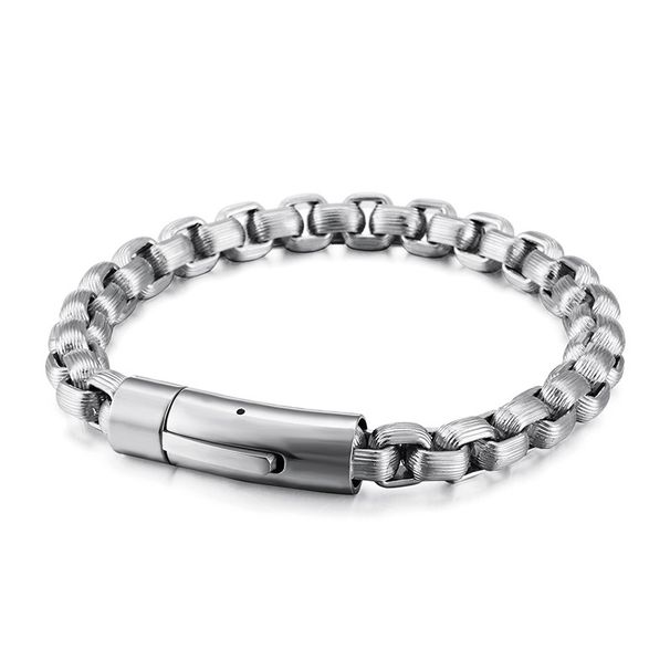 Men's Jewelry Fashion Titanium Steel Striped Square Pearl Bracelet Simple Snap Button Motorcycle Chain Hand Jewelry_voghion.com