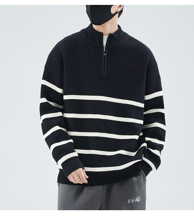 Halbhoher Reißverschluss-Streifenpullover für Herren im Herbst und Winter, einfacher und vielseitiger, modischer und locker sitzender Pullover-Strickpullover_voghion.com