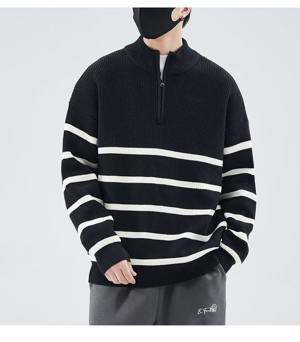 Halbhoher Reißverschluss-Streifenpullover für Herren im Herbst und Winter, einfacher und vielseitiger, modischer und locker sitzender Pullover-Strickpullover_voghion.com