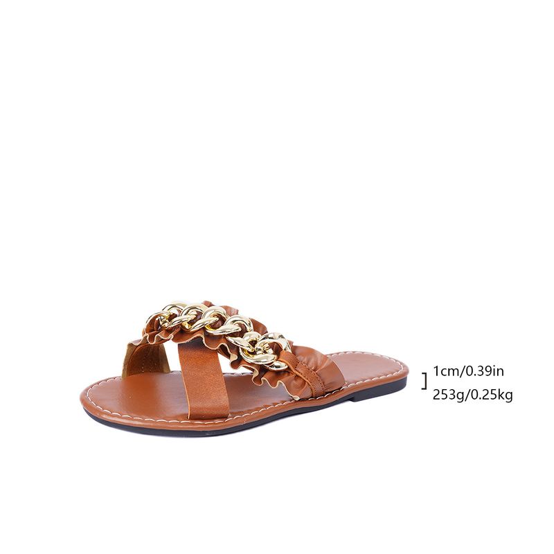 Women's Shoes Large Size Flat Slippers For Women Summer New Style Chain Round Head One Line Outer Wear Casual Sandals_voghion.com